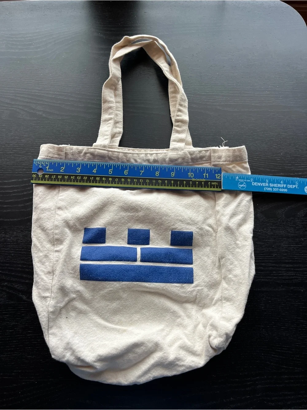 Natural Cotton Tote Bag Blue Geometric Graphic Print 12x12 Off-White Canvas